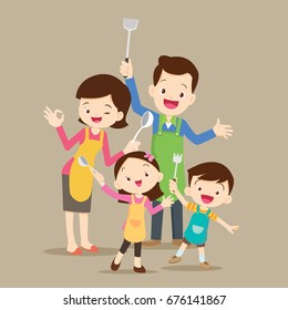 Family Cooking Meal Kitchen With Dad ,mom ,daughter, Son Enjoys Cooking Vector Cartoon Illustration.Cute Happy Parents And Children Chef.