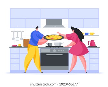 Family cooking pizza at home cartoon illustration vector. Male character is holding large tray with appetizing snack. Woman sprinkles prepared dish with spices. Delicious fast food in your kitchen.