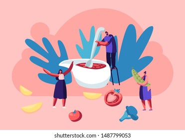 Family Cooking Process. Tiny Male Character Stand on Chair Mixing Tomato Sauce with Huge Spoon in Gravy Boat. Prepare Festive Dish for Thanksgiving Day Celebration. Cartoon Flat Vector Illustration