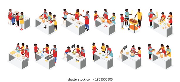Family cooking recolor icons set with cooking process symbols isometric isolated vector illustration