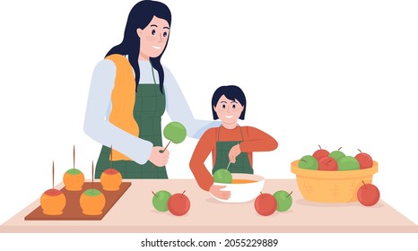 Family cooking semi flat color vector characters. Posing figures. Full body people on white. Autumnal seasonal activity isolated modern cartoon style illustration for graphic design and animation