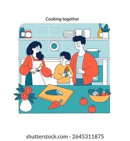 Family cooking session in kitchen featuring parents with child preparing vegetables, illustrating home bonding activities.