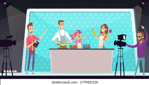 Family Cooking Show. TV Entertainment, Parents And Child On Kitchen. Shooting Program With Director Vector Illustration