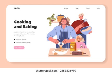 Family Cooking Time concept. A cheerful group engaged in home baking activities together, showcasing joy in homemade cuisine. Vector illustration.