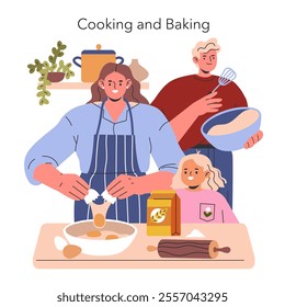 Family Cooking Time concept. A cozy scene of parents and child engaged in home cooking activities. Home kitchen, bonding, sharing recipes and culinary skills. Vector illustration.