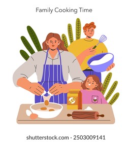 Family Cooking Time concept. A warm depiction of family bonding over meal preparation, featuring parents and a child in a kitchen setting. Vector illustration.