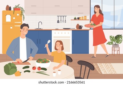 Family cooking together. Cartoon happy parents and daughter making dinner together in kitchen. Father and child cutting vegetables for salad, mother holding plate with meal. Cooking food vector