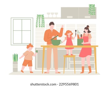 Cocina familiar. Niños ayudando a los padres a preparar la cena en la cocina. Niños con padre y madre haciendo juntos comida casera. Mamá llevando bolsa con productos vectoriales