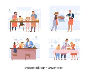 Family cooking together. Cook food at kitchen, eating dinner, home meal, eat culinary table, mother chef and child preparing bake a cake, set swanky vector illustration. Cooking people at kitchen