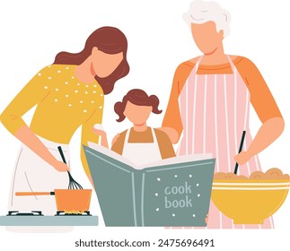 Family cooking together following recipe cookbook. Child helps parents prepare meal, kitchen bonding time. Mother stirs pot, grandmother child read cookbook, home cooking scene