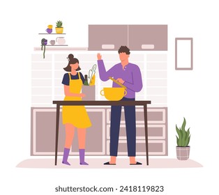 Family cooking together of cooking food at kitchen home child, dinner meal by parent, vector illustration