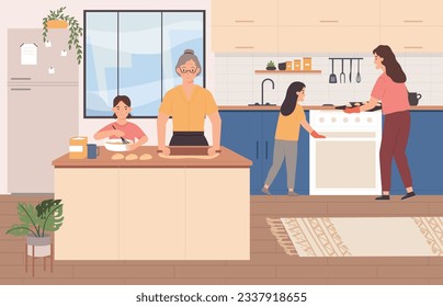 Family cooking together. Grandmother with granddaughter making buns, kneading and rolling dough, mum and kid baking pastry in kitchen. Children helping to prepare food vector illustration