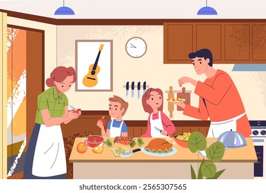 Family cooking together. Happy father mother and children preparation lunch in home kitchen interior, parents with kids cook food on table, dad mom chef classy vector illustration original artwork