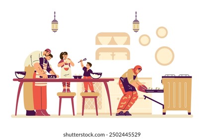 Family cooking together in kitchen. Father chopping vegetables, mother baking, children mixing ingredients and cracking eggs. Vector illustration of domestic life and teamwork in kitchen.