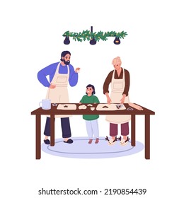 Family cooking together. Mother, father, child baking Christmas gingerbread behind kitchen table. Parents and kid making Xmas cookies. Flat graphic vector illustration isolated on white background