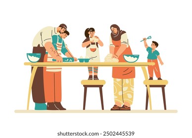 Family cooking together. Vector illustration of a Muslim family preparing food in the kitchen: father, mother, and three children wearing aprons, chopping, mixing, and kneading dough.