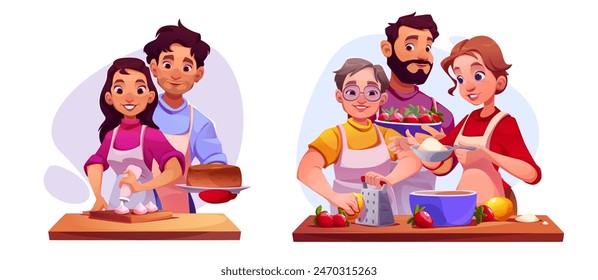 Gemeinsam kochen. Das junge Paar bereitet Kuchen zu und Vater, Mutter und Sohn machen Erdbeerdessert. Cartoon Vektorillustration Set von Menschen in Schürze Kochen Süßwaren für Frühstück oder Abendessen