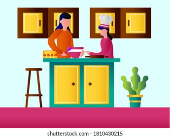 Family cooking vector concept: Mother and little daughter cooking together while standing in the kitchen