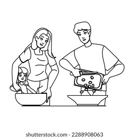 family cooking vector. home, man, happy together, woman, father mother, parent kitchen, dinner meal family cooking character. people Illustration