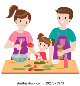 family cooking. woman, man and child in kitchen. mom, dad and daughter cook. stock vector cartoon illustration.