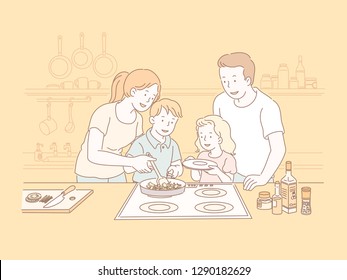 Family cookling together in the kitchen in line style illustration