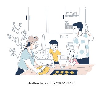 Family cooks at home doodle concept. Man and woman with son. Routine and household chores. Preparation of cookies. Template and layout. Cartoon flat vector illustration isolated on white background