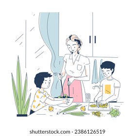 Family cooks at home doodle concept. Woman with boy and girl. Routine and household chores. Preparation of salad. Social media sticker. Cartoon flat vector illustration isolated on white background