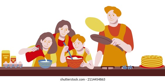 Н buena familia cocina crepes. Cartel de vacaciones. Ilustración en un estilo plano de caricatura sobre un fondo blanco. La fiesta rusa de Maslenitsa. Semana Shrovetide.  Día de las crepes