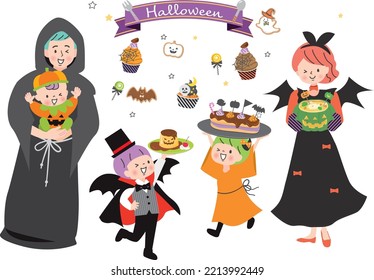 A family in costume preparing for a Halloween party