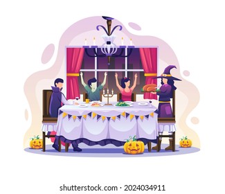 Family with costumes having dinner on Halloween night. Happy Halloween Party Celebration Flat vector illustration