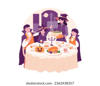 Family With Costumes Having Dinner Together on Halloween Night. Happy Halloween Party Celebration