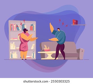 Pareja familiar discutiendo en la sala de estar. Ilustración vectorial plana. Esposa y marido enojados teniendo conflictos, problemas de relación. Abuso, divorcio, familia, concepto de pelea para el diseño de Anuncio, página de destino