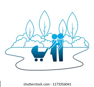 family couple with baby cart in landscape