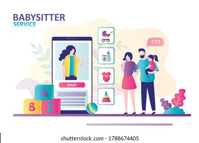 Family couple with baby choosing nanny online. Concept of babysitting services, personal childcare services. Nanny questionnaire on smartphone phone screen. Banner in trendy style. Vector illustration