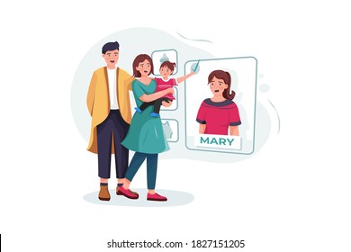 Family couple with baby choosing nanny online. 