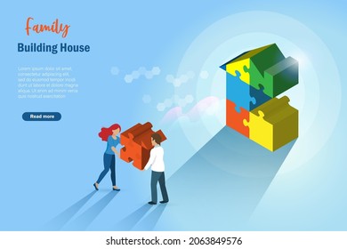 Family Couple Building Home Together With Jigsaw Puzzle Piece.  Home Loan Mortgage, Refinance, Real Estate Investment And Property Insurance Concept. Isometric 3D Vector.