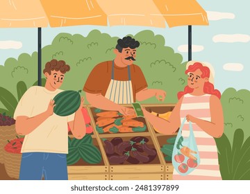 Family couple buying farm products in cash at street market