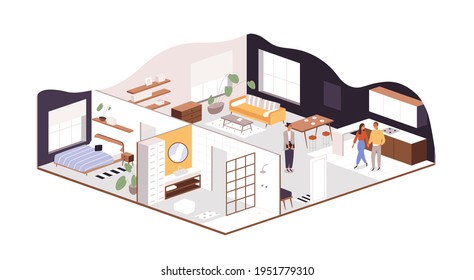 Family couple buying or renting new apartment or house. Concept of home interior design, space planning and real estate purchase. Colored flat vector illustration isolated on white background