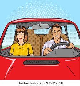 Family couple in car pop art style vector illustration.  Comic book style imitation. Vintage retro style. Conceptual illustration