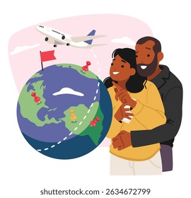 Family couple cartoon characters choosing tour for traveling on vacation looking for location of best resort place destination on earth globe vector illustration. Summer voyage planning with agency