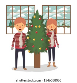 family couple celebrating christmas with pine tree vector illustration design