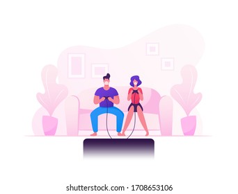 Family Couple Character Playing Computer Games. Man Woman Spare Time, Virtual Reality Addiction. People Spend Free Time during Covid19 Pandemic Quarantine Self Isolation. Cartoon Vector Illustration