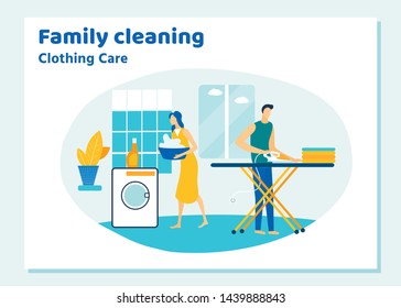 Family Couple Characters Cleaning House on Weekend. Happy People Home Duties and Chores, Every Day Routine. Man and Woman Washing and Ironing Clothes, Laundry, Cartoon Flat Vector Illustration, Banner