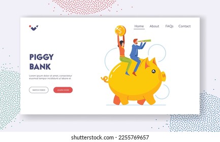 Family Couple Characters Riding Piggy Bank Holding Golden Coin and Spyglass Concept Landing Page Template. Family Savings Management. Safe Storage of Budget. Cartoon People Vector Illustration