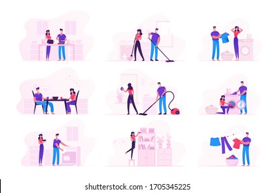 Family Couple Characters Wearing Medical Masks Doing Household Duties and Chores during Covid19 Quarantine Self Isolation. Man Woman Washing Clothes, Cleaning Home. Cartoon Vector People Illustration