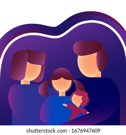 A family. Couple with child. Man, woman, little girl with doll. Illustration with space for text in flat style with gradients.