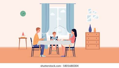 Family couple with child sitting at table and eating together in room interior, flat vector illustration. Dining room background with family having lunch or breakfast.