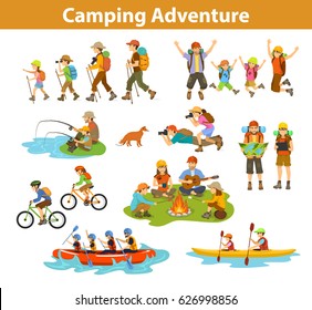 Family, Couple, Children Camping, Rafting, Hiking, Sitting At Campfire, Make Photos Of Animals, Kayaking, Mountain Biking, Planning Trip Looking At Map And Tablet, Jumping, Fishing.