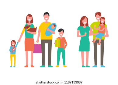 Family couple and children set. Newborn kids on fathers hands mother embracing pet puppy. Daughter eating ice cream isolated vector parents and infants