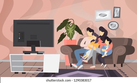 Family couple with children sitting at home on couch together. Man, kids and woman relax indoors watch TV and. Isolated vector illustration in cartoon style
